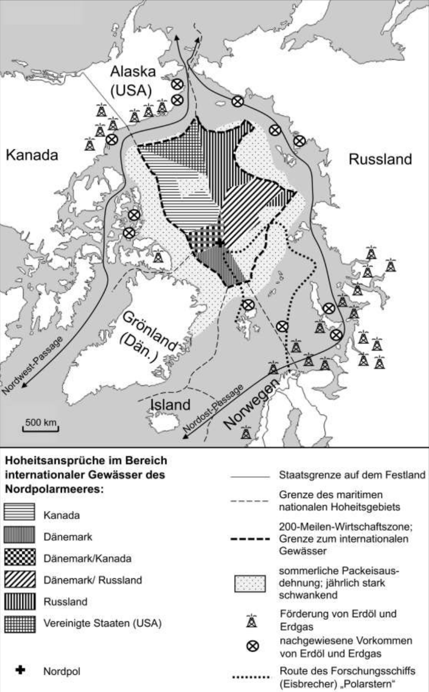 Schwarz-weiße Karte der Arktis mit Hoheitsansprüchen, Meereszonen, Eisausdehnung, Öl- und Gasstandorten sowie Legende.